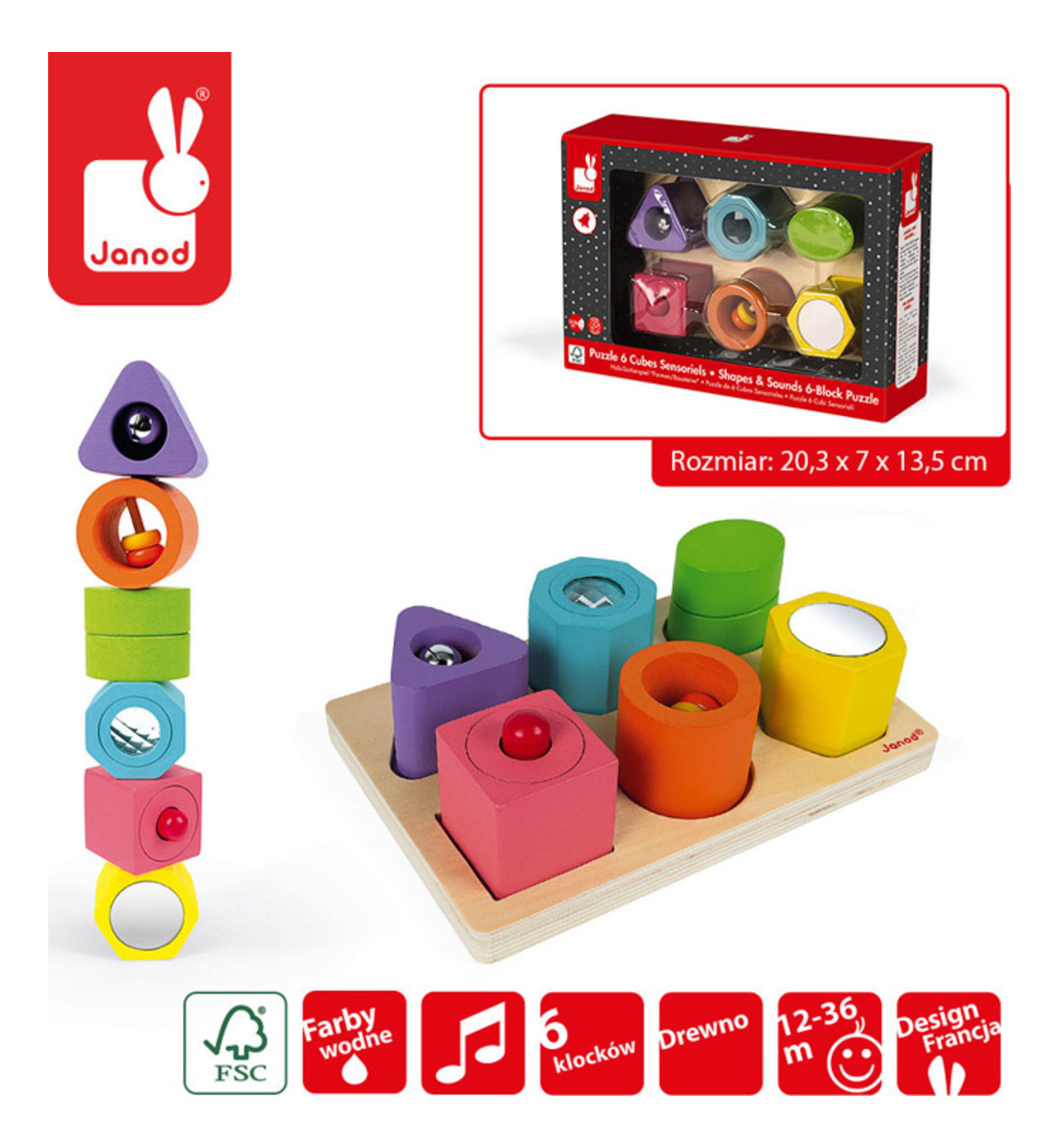 Janod układanka drewniana sensoryczna Kształty i dźwięki J05332