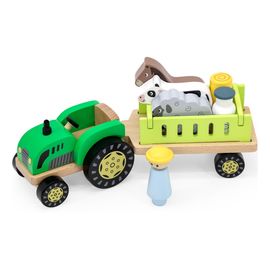 Viga drewniany traktor z przyczepką i zwierzętami, image 