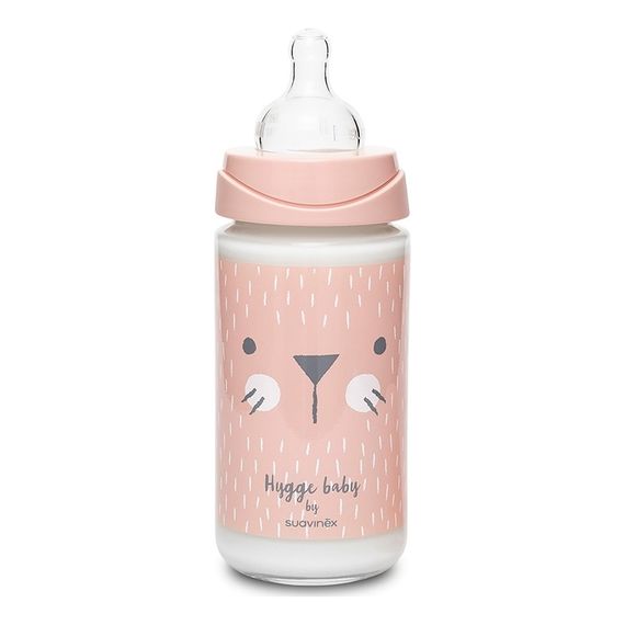Suavinex skleněná lahvička 240ml silikonový kulatý dudlík 3průtokový Hygge Baby Koťátko růžové, Pojemność: 240 ml, Kolor: Kotek - Różowy