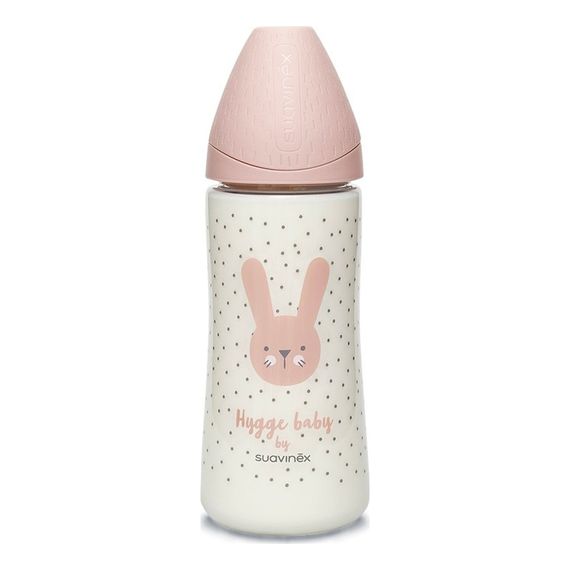 Suavinex lahvička 360ml silikonový kulatý dudlík na husté pokrmy Hygge Baby Králíček růžový, Pojemność: 360 ml, Kolor: Królik - Różowy