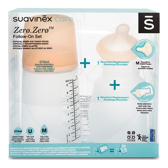 Suavinex zestaw butelek Zero Zero - butelka 270ml, smoczek i woreczek 3m+, Pojemność: 270 ml, 3 zdjęcie