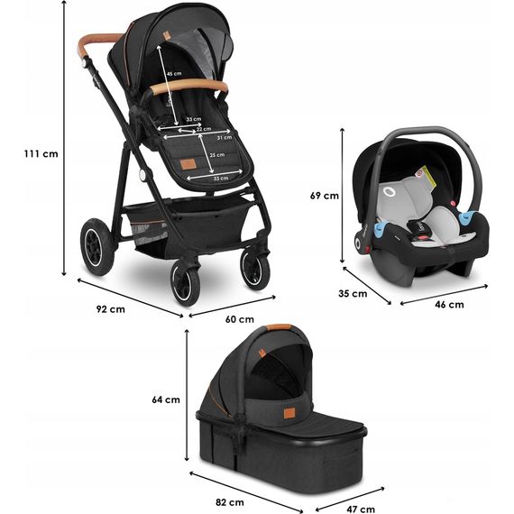 Lionelo Amber 3w1 - wózek wielofunkcyjny z fotelikiem, Rodzaj wózka: zestaw 3w1, Kolor materiału: Grey Graphite, 8 zdjęcie