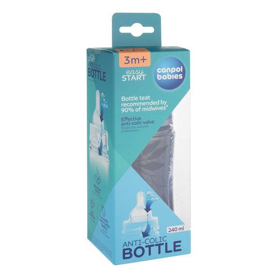 Canpol Babies antikoliková lahvička 240ml EasyStart Gold Modrá 0m+, Pojemność: 240 ml, Rodzaj: szeroka antykolkowa, Kolor: Gold Niebieska, 3 zdjęcie