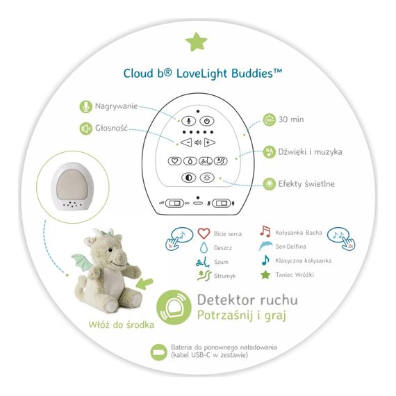 Cloud B LoveLight Buddies Drake the Dragon szumiąca przytulanka z pozytywką i czujnikiem ruchu, 2 zdjęcie