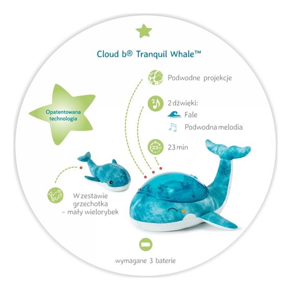 Cloud B Tranquil Whale Blue Family lampka nocna z projektorem i grzechotką, 2 zdjęcie