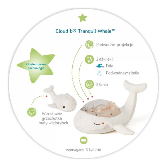 Cloud B Tranquil Whale White Family lampka nocna z projektorem i grzechotką, 2 zdjęcie