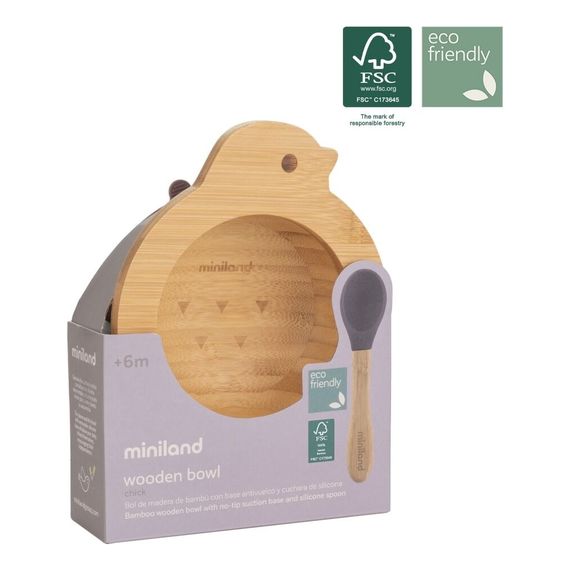 Miniland Wooden Bowl with Suction Cup &amp; Spoon — ECO-friendly Chick, image , 4 image