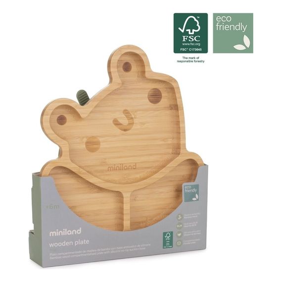 Miniland dřevěný talířek s přísavkou a přihrádkami BLW ECO-friendly Žabka, 4 zdjęcie