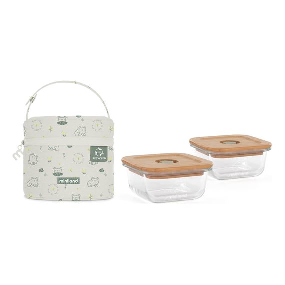 Miniland skleněné nádoby čtvercové ECO-friendly 2x210ml s izotermickou taškou Žabka