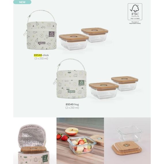 Miniland skleněné nádoby čtvercové ECO-friendly 2x210ml s izotermickou taškou Žabka, 3 zdjęcie
