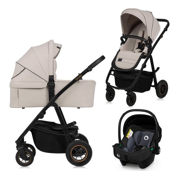 Lionelo Amber Plus 3v1 - kombinovaný kočárek s autosedačkou, Rodzaj wózka: zestaw 3w1, Kolor materiału: Beige Sand