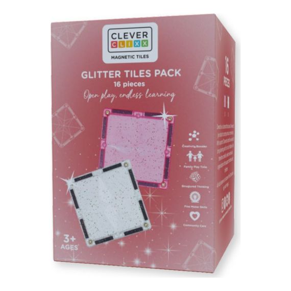 Cleverclixx magnetická stavebnice Glitter Tiles Pack Transparent / Pink 16 ks