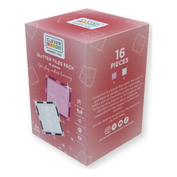 Cleverclixx magnetická stavebnice Glitter Tiles Pack Transparent / Pink 16 ks, 5 zdjęcie