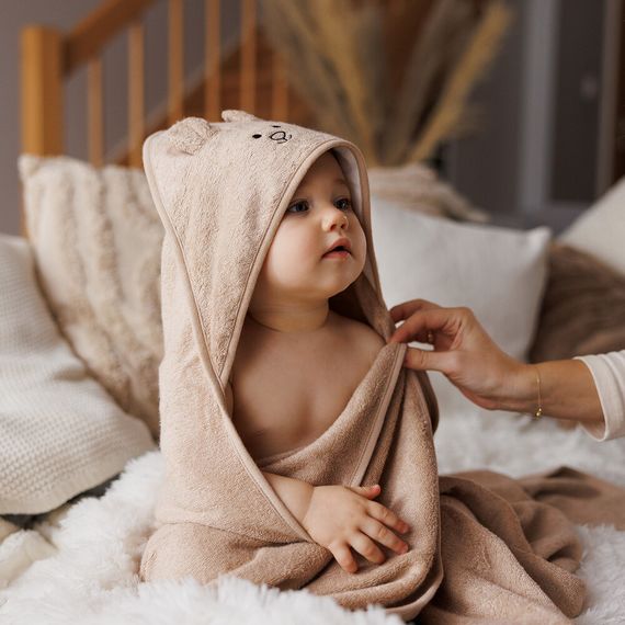 BabyOno okrycie kąpielowe bambusowe z kapturkiem 100x100 cm ciemny beż, Rozmiar: 100x100cm, Kolor: Ciemny beż, 7 zdjęcie