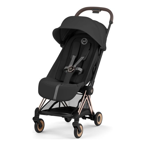 Cybex Coya — kompaktní sportovní kočárek do letadla, Rodzaj wózka: spacerowy, Kolekcja: Comfort, Kolor materiału: Sepia Black, Kolor ramy: Rosegold